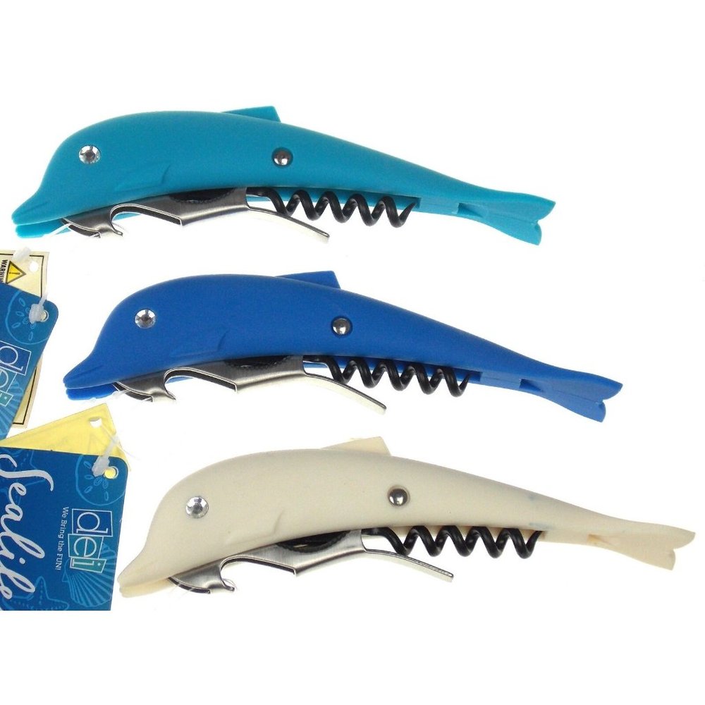 Dolphin Waiter Wine Corkscrew Bottle Opener Dark Blue Light Blue White Set 3 DEI